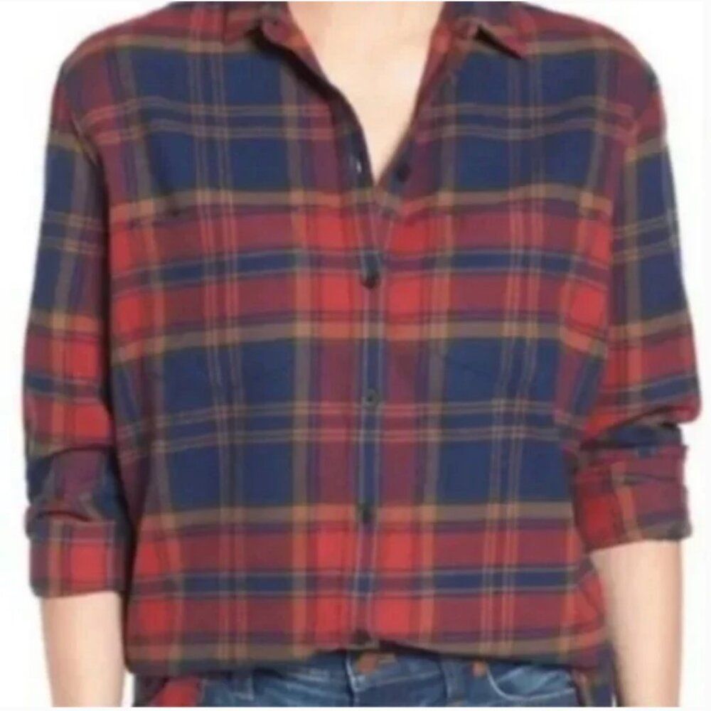 Madewell Navy and Red Oversized Boyfriend Shirt Long Sleeve Button Down Size XXS